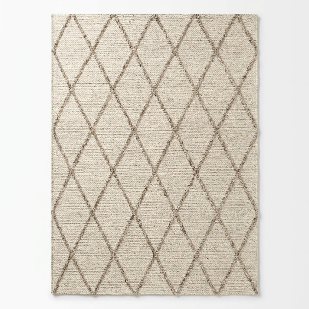 Beige area rug with diamond pattern on a light gray background
