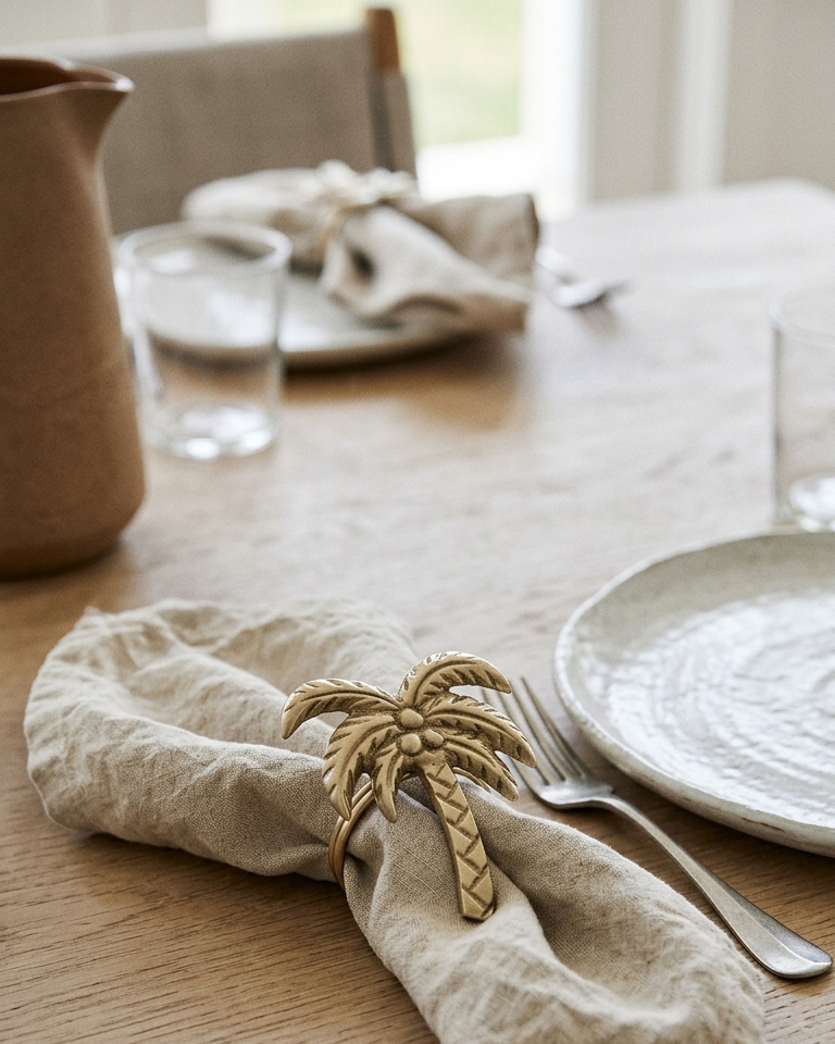 A beige linen napkin on a wooden dining table, secured with a gold palm tree ring holder, alongside a white textured plate and silver fork.