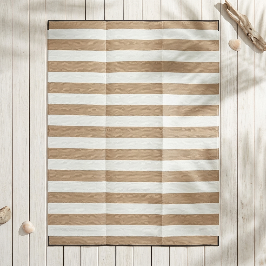 A rectangular beach towel with horizontal tan and white stripes, laid flat on a white wooden plank surface with decorative seashells and driftwood.