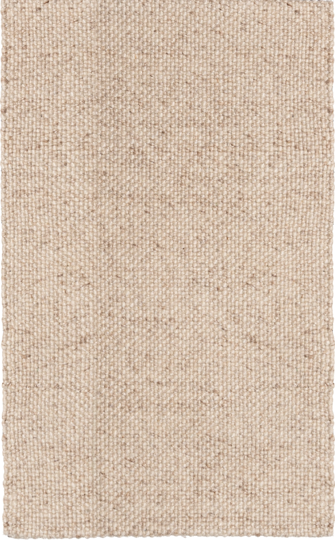 A rectangular wool rug with a beige and cream color, featuring a textured basket weave design.