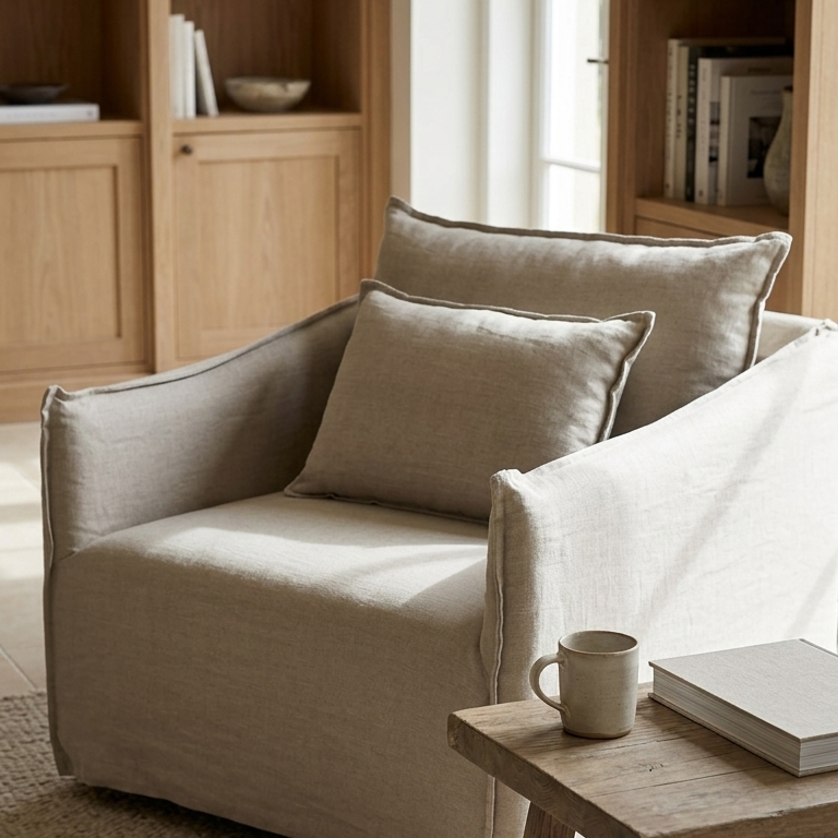 Beige armchair with cushions in a room with wooden bookshelves and a small table.