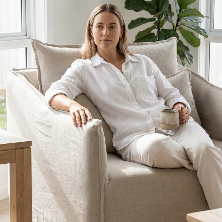 Woman sitting in a beige armchair holding a cup in a bright room with large windows and a plant.