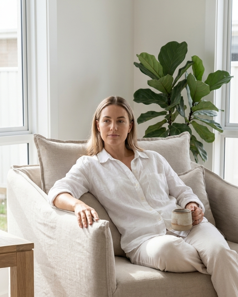 Woman sitting in a beige armchair holding a cup in a bright room with large windows and a plant.