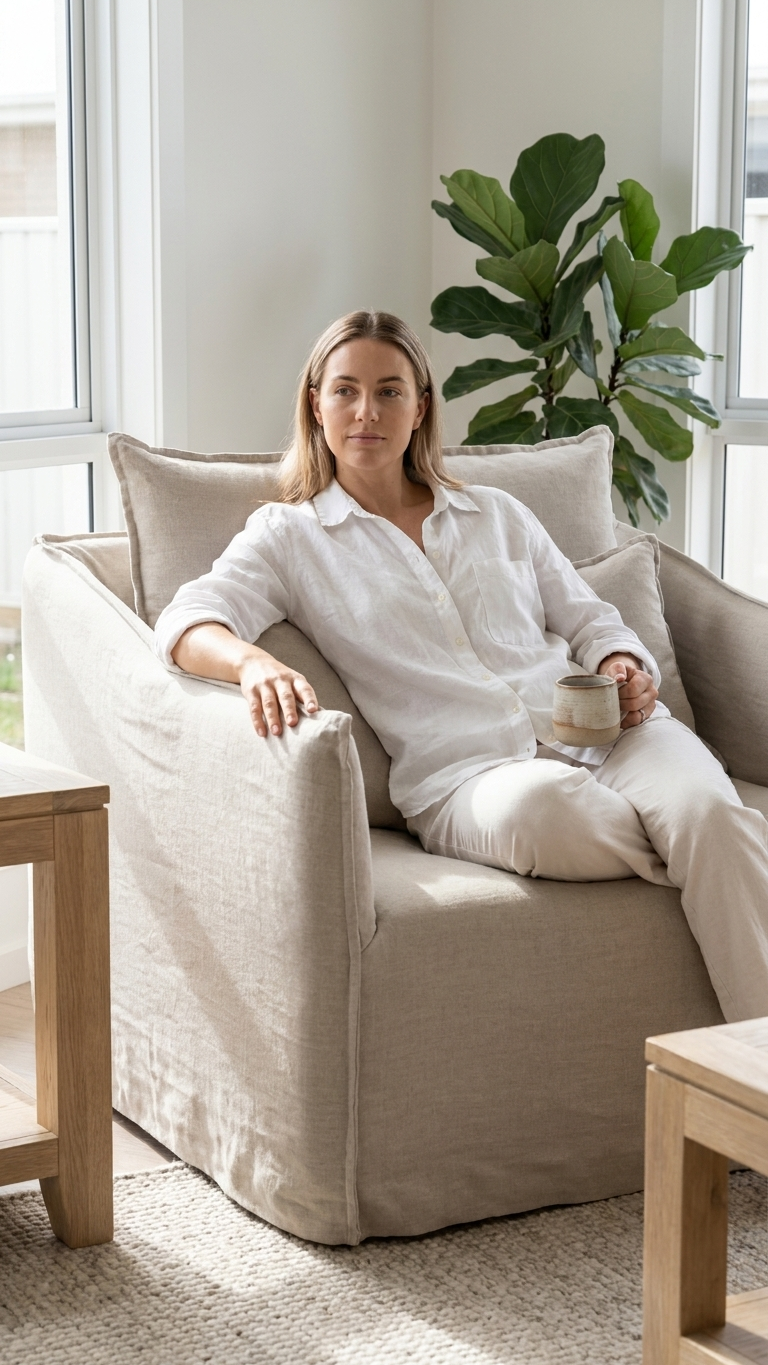 Woman sitting in a beige armchair holding a cup in a bright room with large windows and a plant.