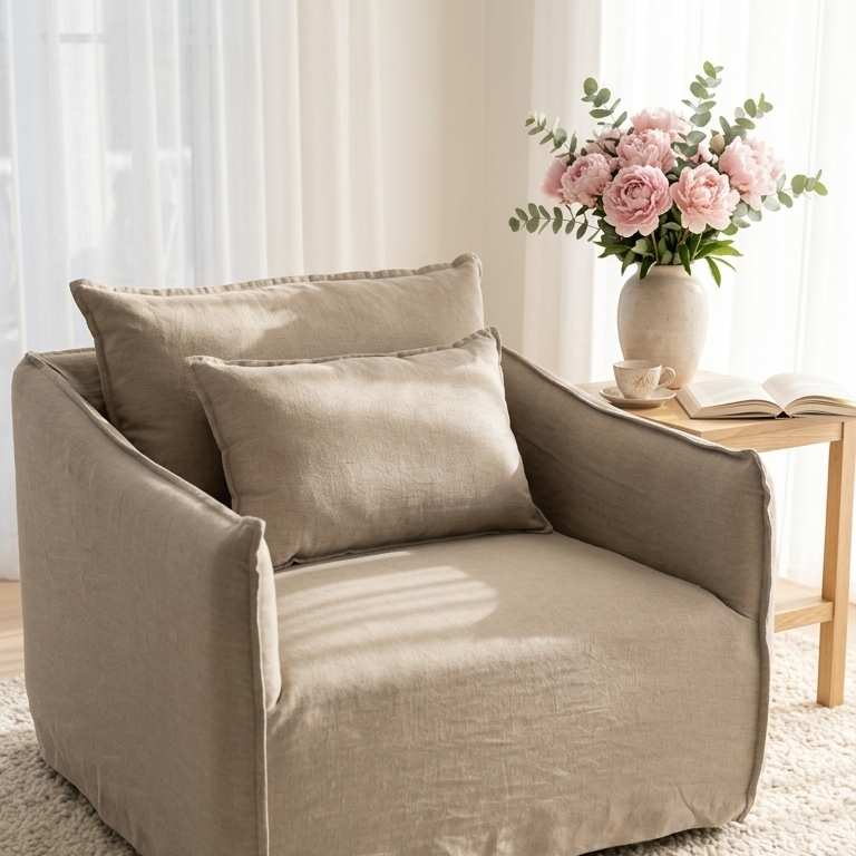 Beige armchair with pillows in a room with a side table and flowers.