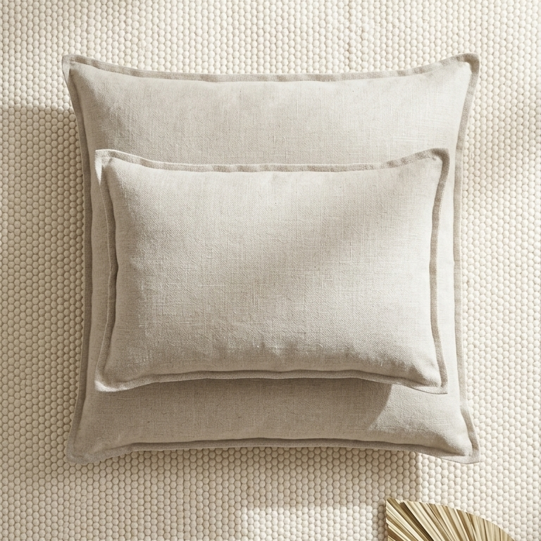 Two beige pillows on a textured surface with a dried leaf.