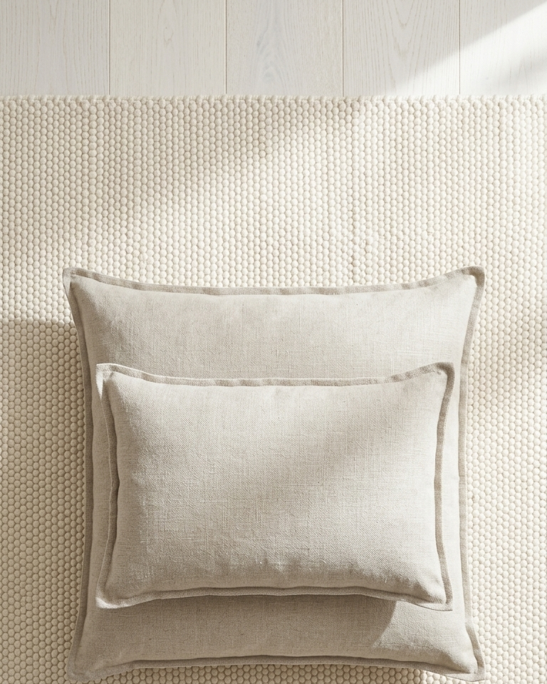 Two beige pillows on a textured surface with a dried leaf.
