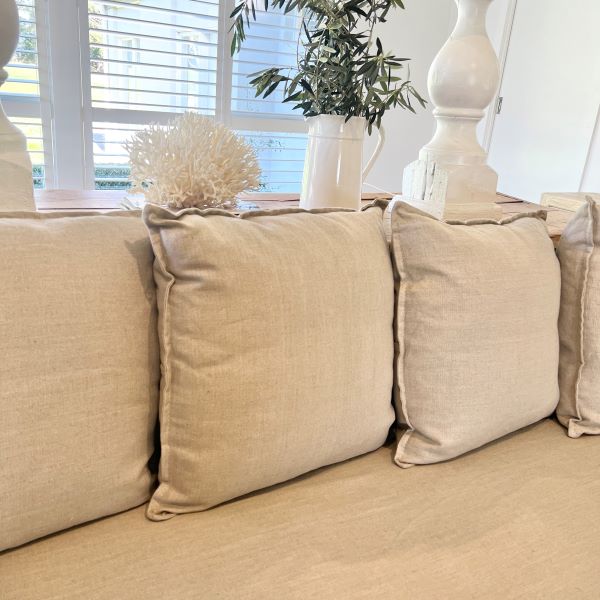 Beige sofa with decorative pillows and a plant in a bright room.