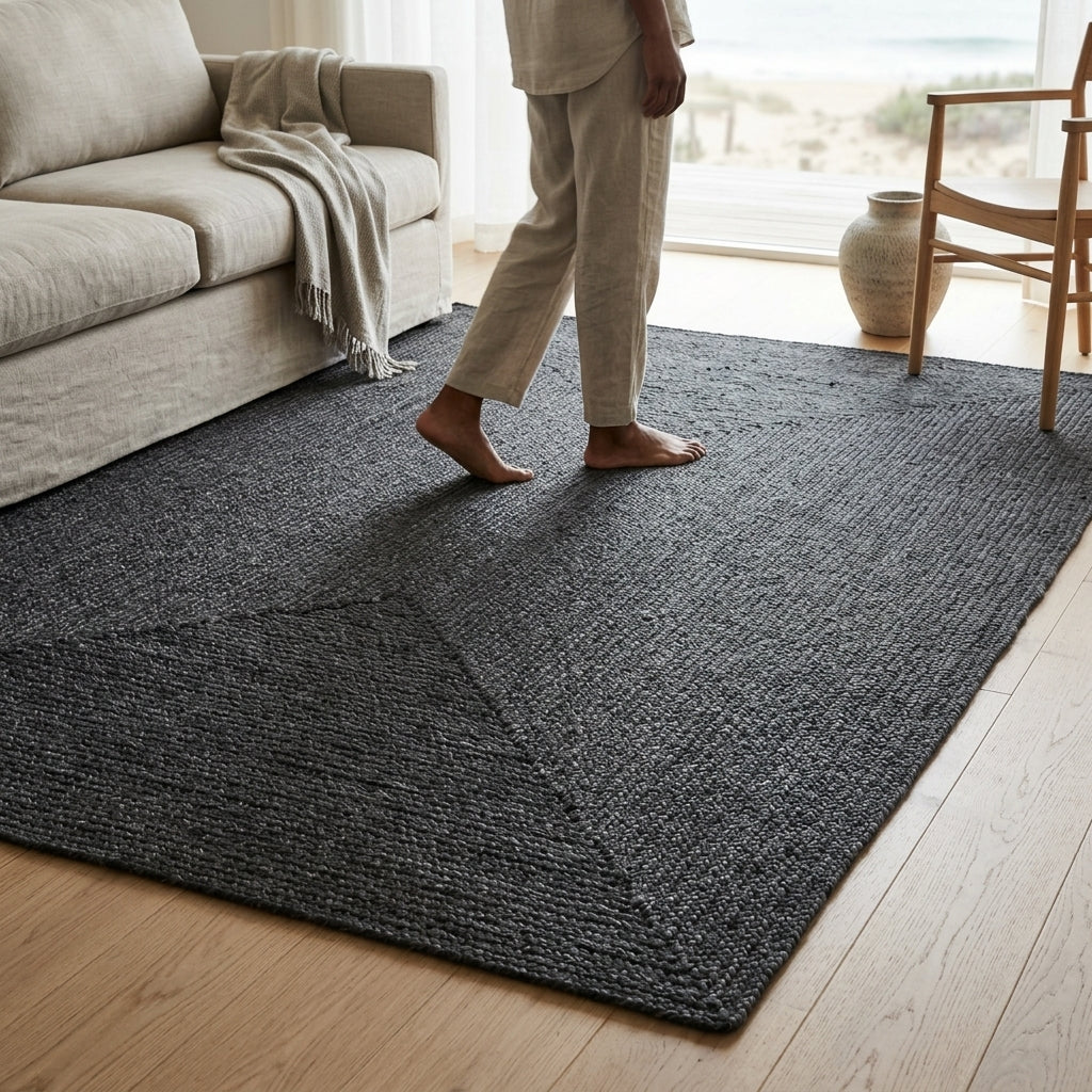 A dark charcoal gray textured area rug on a light wood floor in a bright living room, with a person standing barefoot on the rug near a beige sofa and chair.