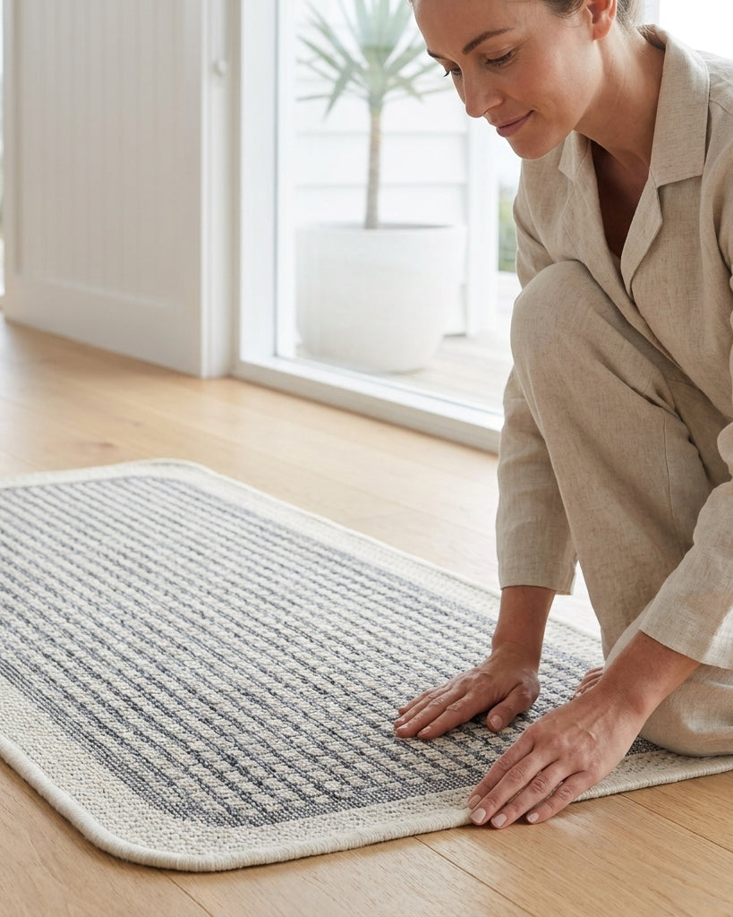 Woman arranging a rug on a wooden floor in a bright room with large windows.