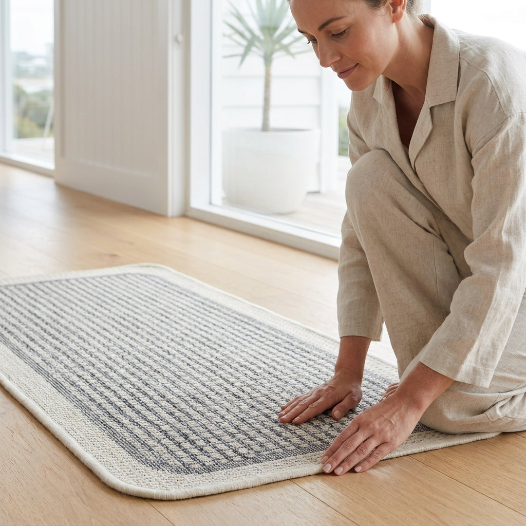 Woman arranging a rug on a wooden floor in a bright room with large windows.