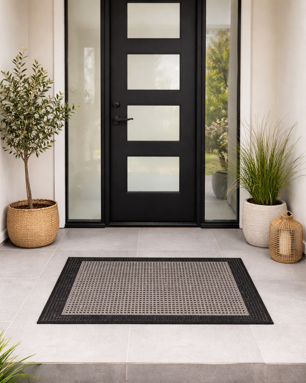 Modern black door with glass panels on a white patio with a doormat and potted plants.
