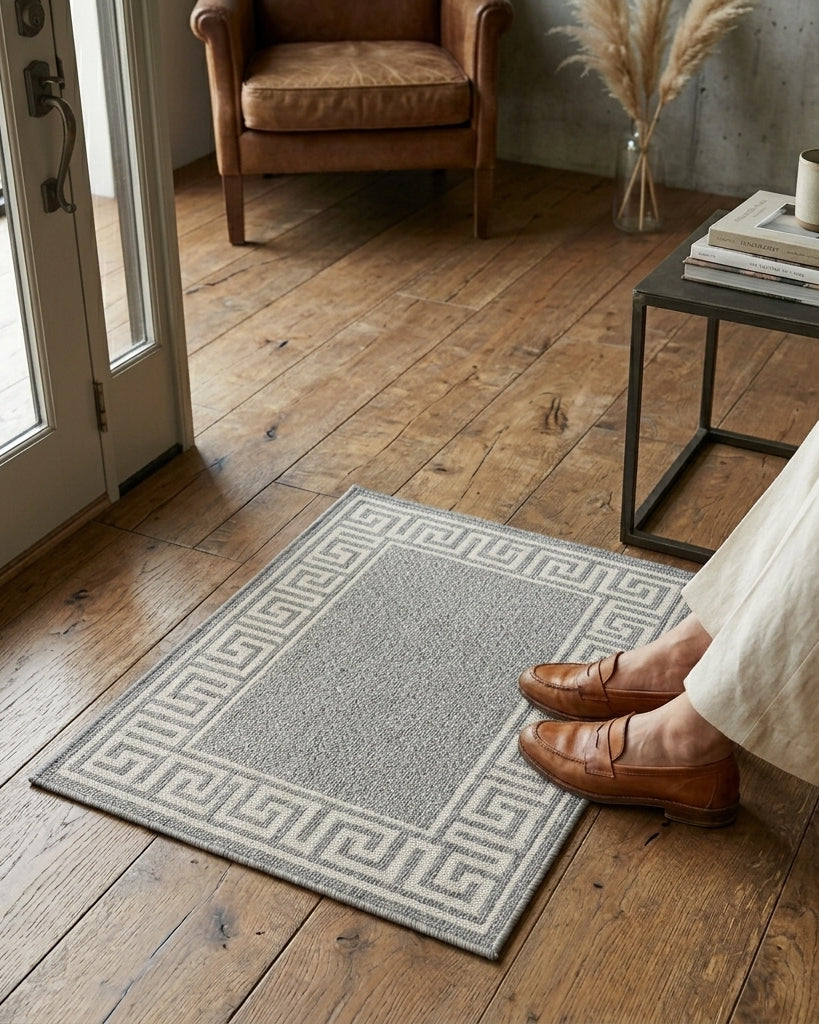 Person wearing brown shoes stepping onto a patterned rug in a room with wooden flooring and a chair.