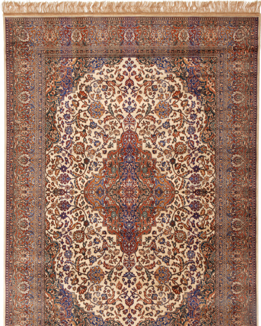 Decorative rug with intricate patterns and colors on a plain background