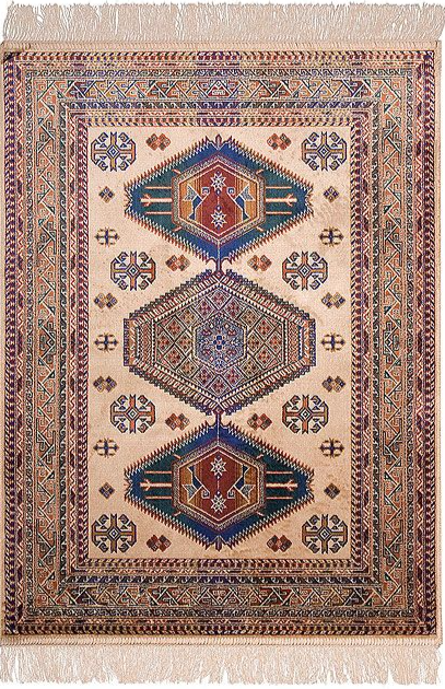 Decorative rug with geometric pattern on a beige background