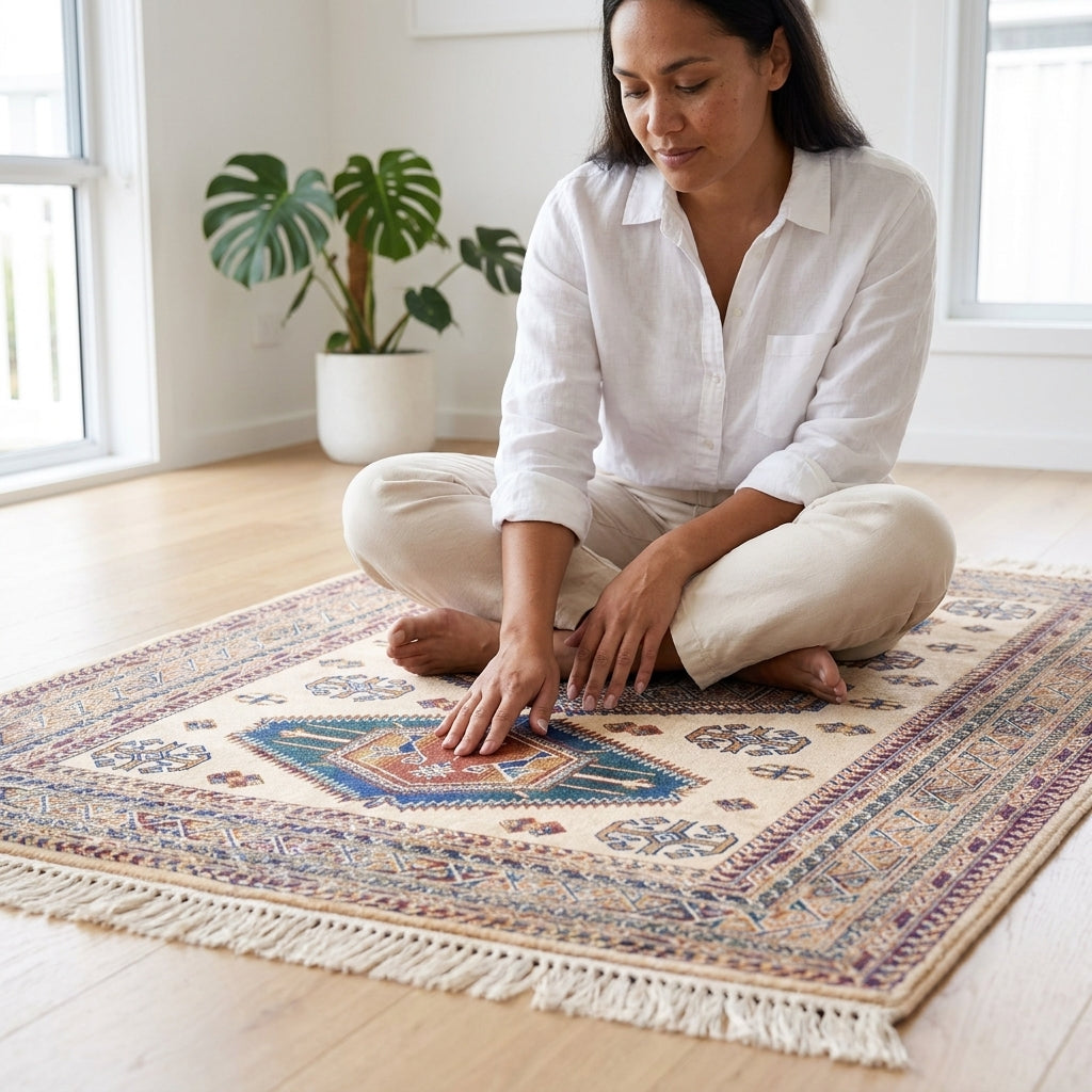 A woman sits cross-legged on a traditional patterned area rug in a bright, modern room with light wood floors and a potted plant in the background.