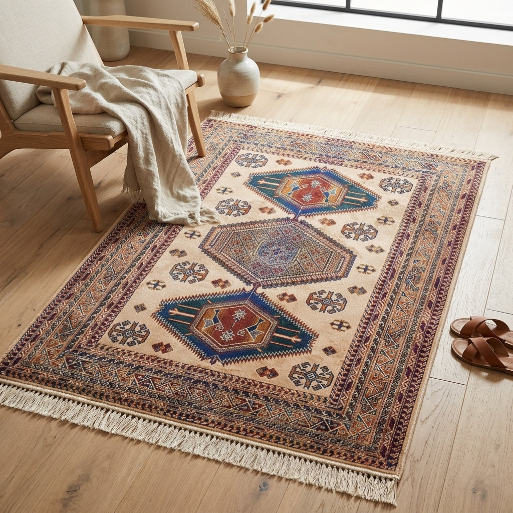 A rectangular area rug with a traditional geometric pattern in beige, blue, red, and brown, styled on a light wood floor in a bright room next to a wooden armchair and sandals.
