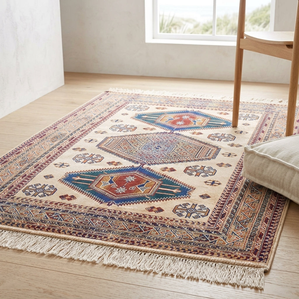 A rectangular area rug with a traditional geometric pattern in cream, blue, red, and brown tones, styled on a light wood floor in a bright room next to a wooden chair and a cushion.