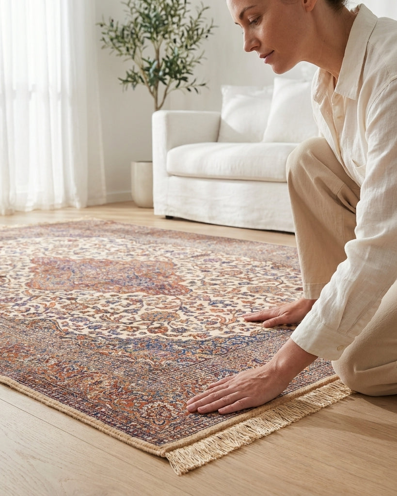 A woman kneels on a light wood floor in a bright living room, touching a traditional patterned area rug with beige fringe. A white sofa and a potted plant are visible in the background.