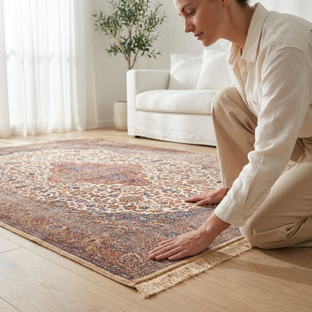 A woman kneels on a light wood floor in a bright living room, touching a traditional patterned area rug with beige fringe. A white sofa and a potted plant are visible in the background.