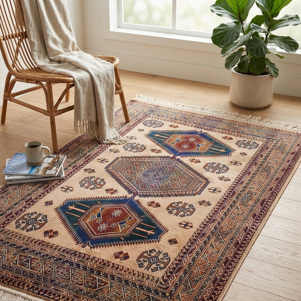 A rectangular area rug with a traditional geometric pattern in beige, blue, red, and brown tones, styled on a light wood floor in a bright room next to a wicker chair with a cream throw blanket and a potted fiddle-leaf fig plant.