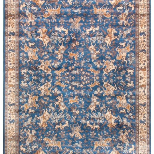 Decorative rug with intricate patterns on a blue background