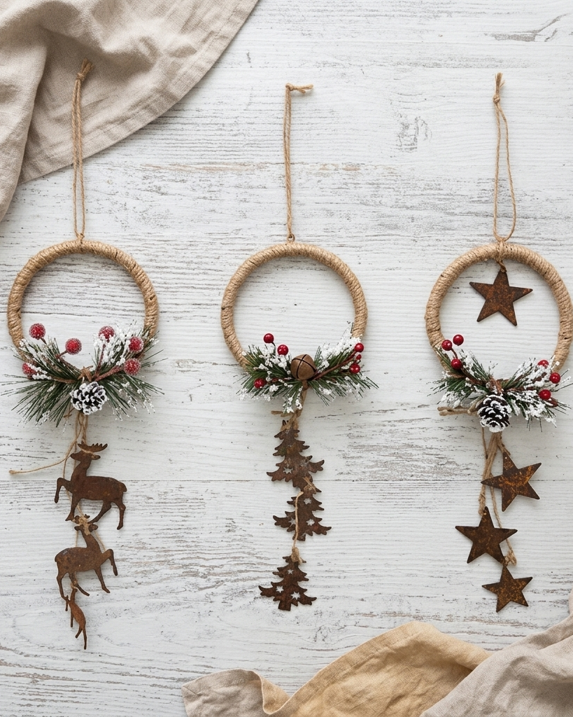 Three rustic Christmas wreath ornaments arranged on a whitewashed wooden surface with beige fabric accents. Each wreath is wrapped in natural twine, decorated with faux greenery, red berries, pinecones, and dangling brown wooden ornaments including stars, trees, and deer.