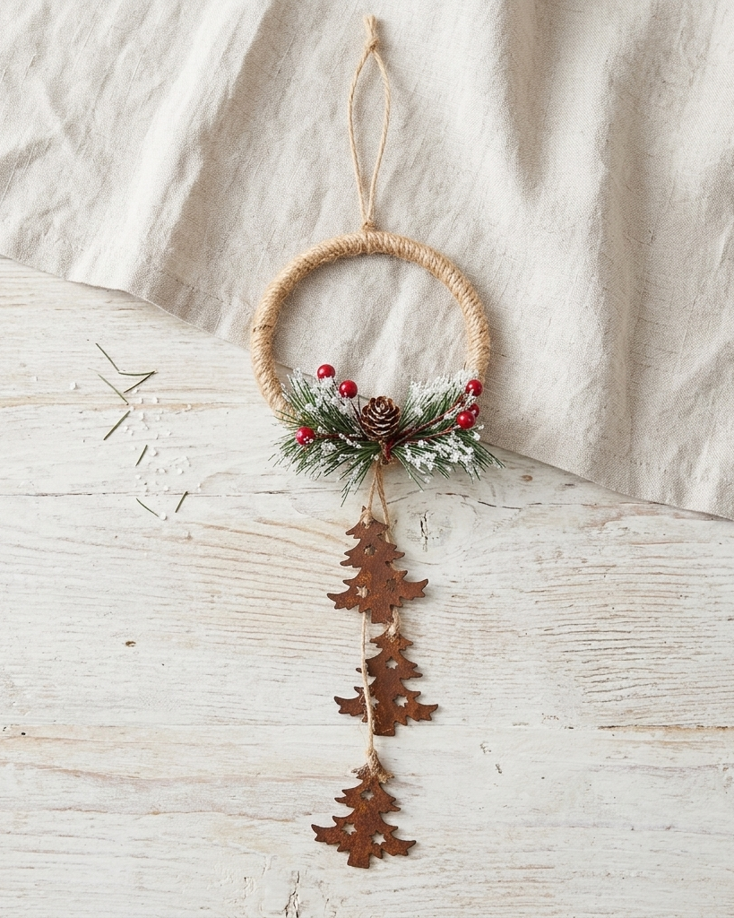 A rustic Christmas hanging ornament made from a natural jute ring, decorated with faux greenery, red berries, a small pinecone, and three dangling metal Christmas tree cutouts, displayed on a light wood surface with draped fabric.