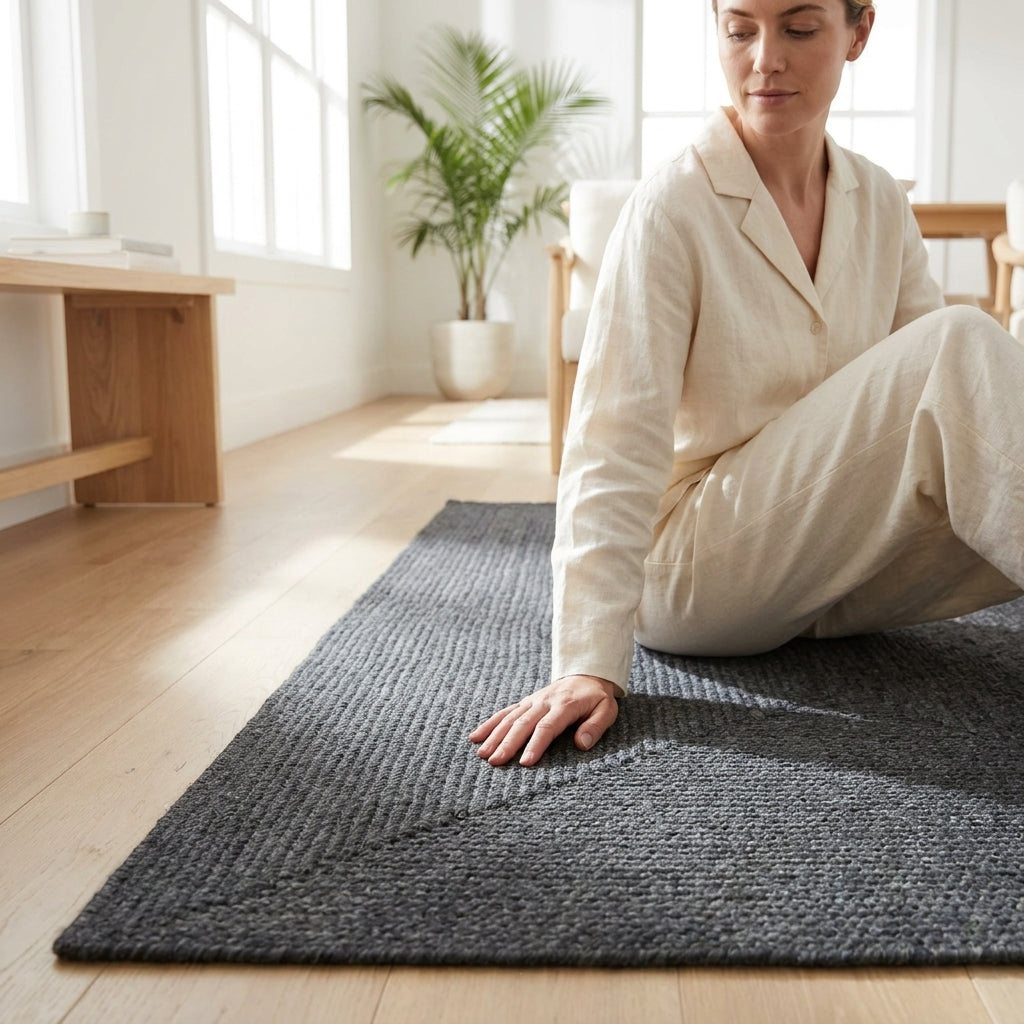 A woman in a cream linen pajama set sits cross-legged on a dark gray textured woven area rug in a bright, modern room with light wood floors and a potted plant in the background.