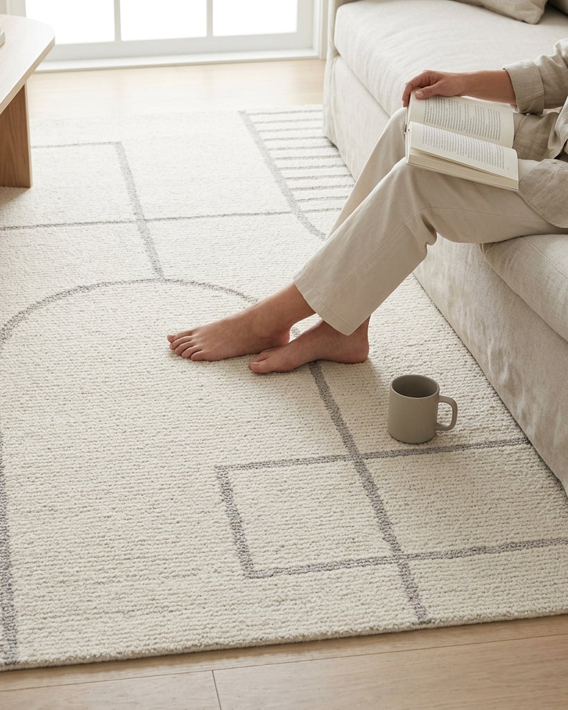 A light beige area rug with a minimalist gray geometric line pattern is shown in a bright living room. A person in matching beige loungewear sits on a light-colored sofa holding an open book, with bare feet on the rug and a gray ceramic mug nearby.