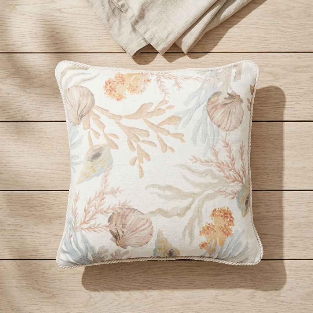 A square decorative throw pillow with a beige and off-white base, featuring a soft botanical and seashell pattern in muted peach, tan, and pale blue, styled on a light wood plank surface.