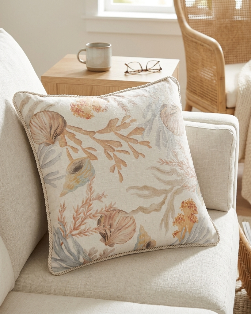 A square decorative throw pillow with a nautical shell and coral pattern in muted beige, tan, and soft blue-gray tones, styled on a cream-colored sofa in a bright living room setting.
