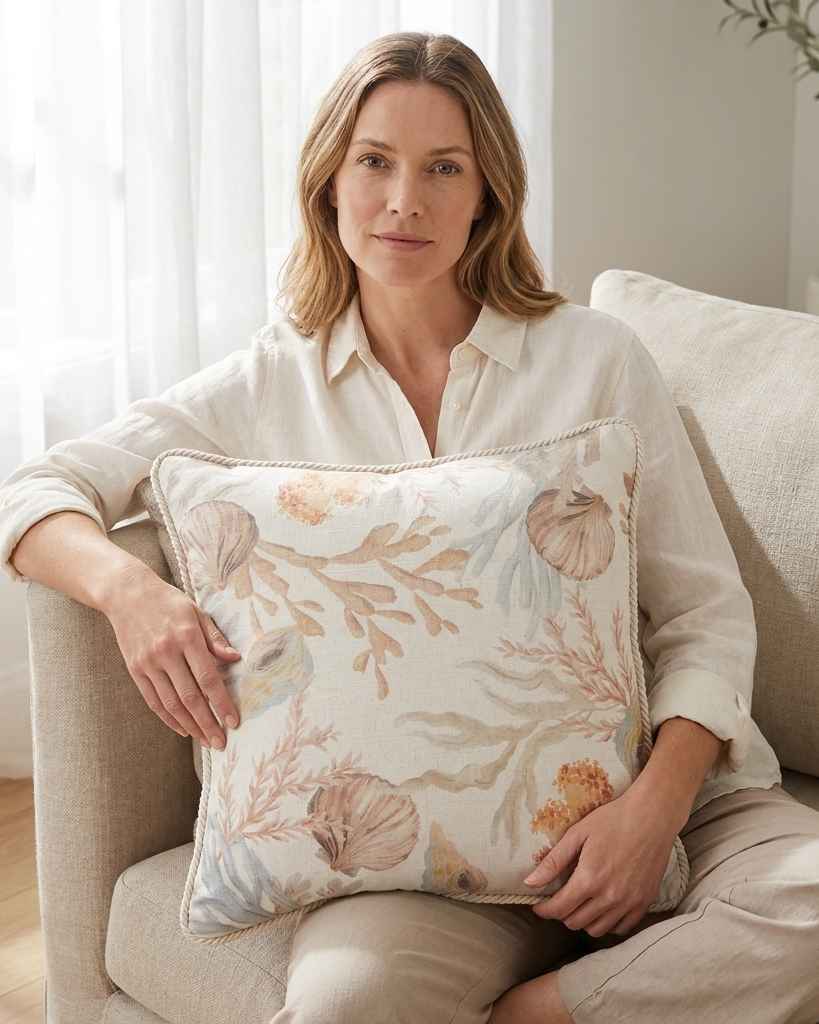 A woman sits on a beige armchair holding a square decorative throw pillow with a soft botanical and shell-like print in muted beige, blush, and pale blue tones.