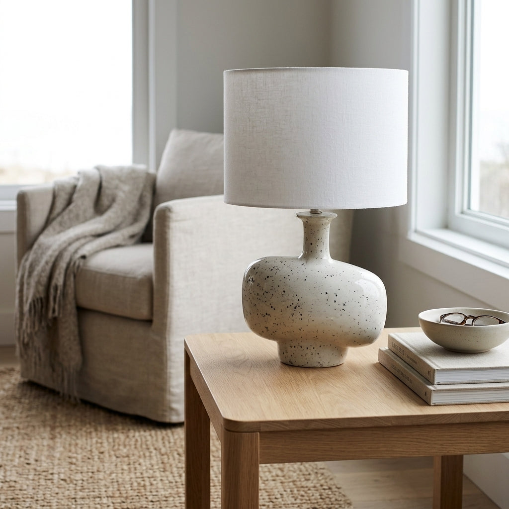 A ceramic table lamp with a speckled cream base and a white drum shade, styled on a light wood side table in a bright, modern living room.