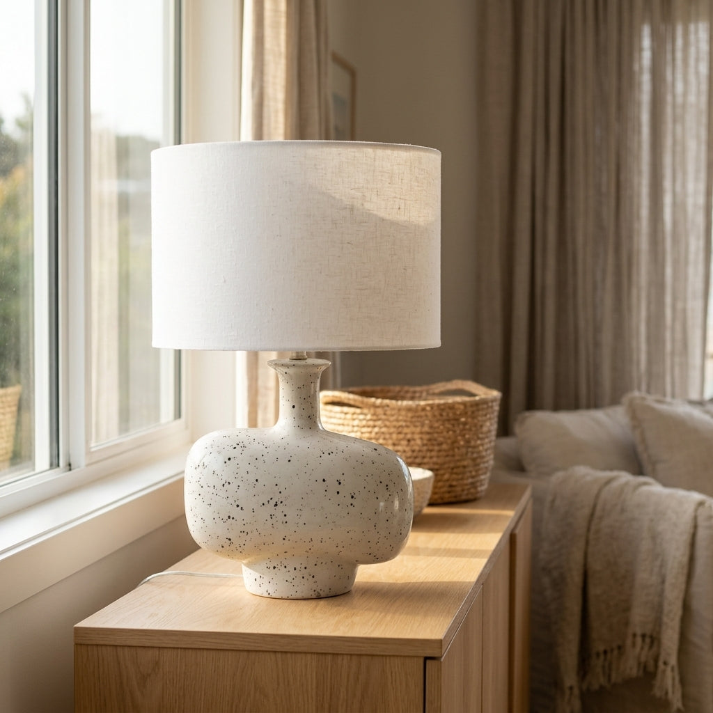 A table lamp with a speckled cream ceramic base and a matching cream fabric drum shade, styled on a light wood side table in a softly lit living room.