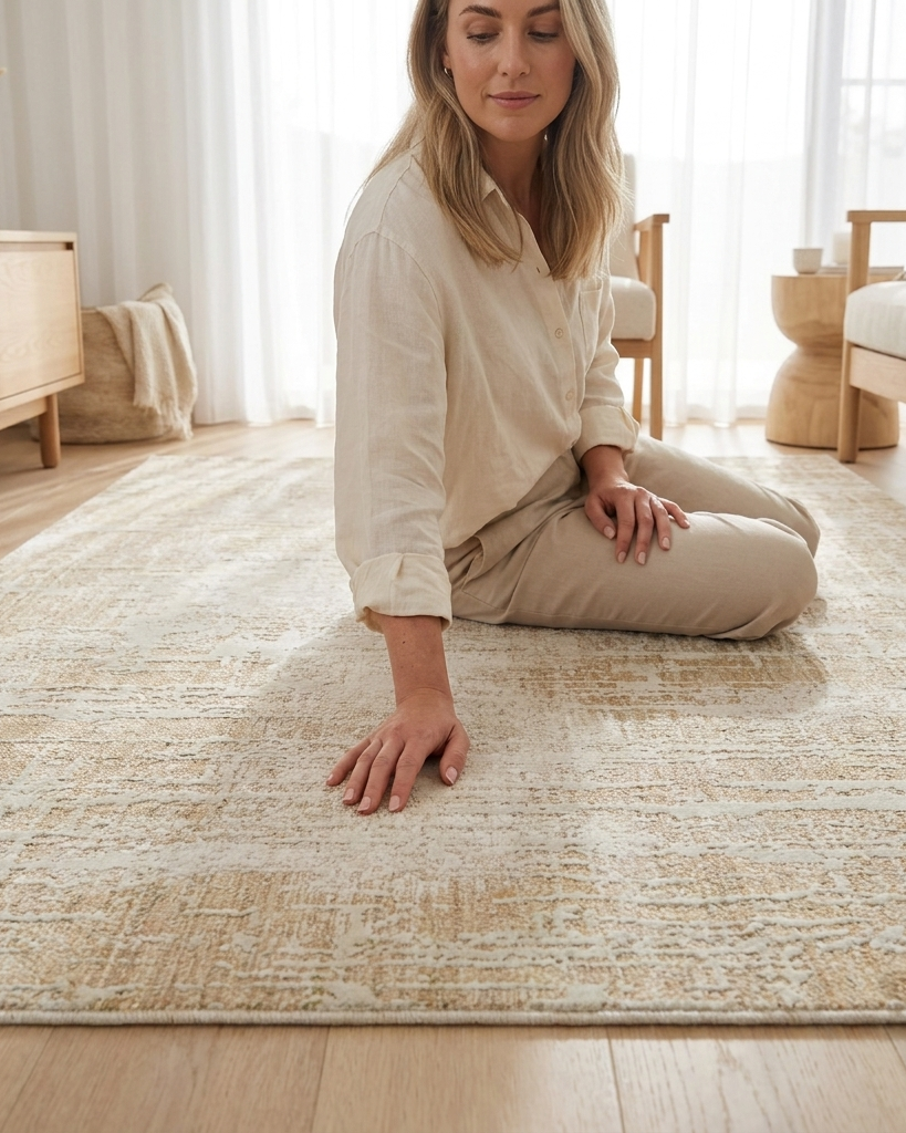A woman kneels on a large beige and cream textured area rug in a bright, modern living room with light wood floors and neutral-toned furniture.