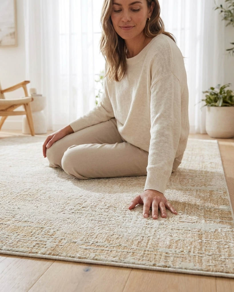 A woman in a cream knit sweater and matching pants sits cross-legged on a large beige textured area rug in a bright, modern living room with light wood floors and plants.