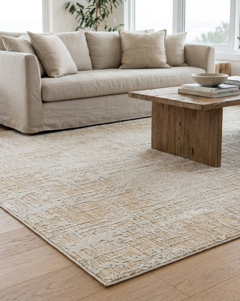 A large rectangular area rug in a neutral beige and cream textured pattern, shown in a bright, modern living room setting under a light beige sofa and a wooden coffee table.