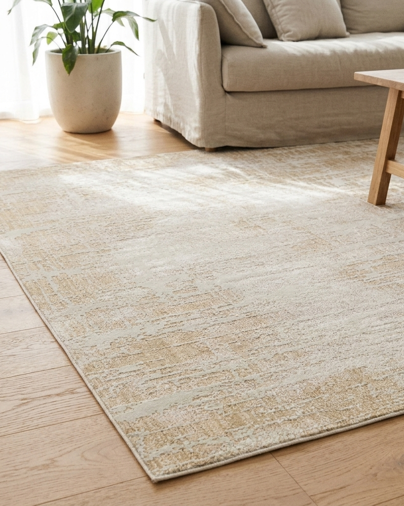 A rectangular area rug with a distressed, textured pattern in cream and beige tones, shown on a light wood floor in a bright living room setting with a sofa and coffee table.