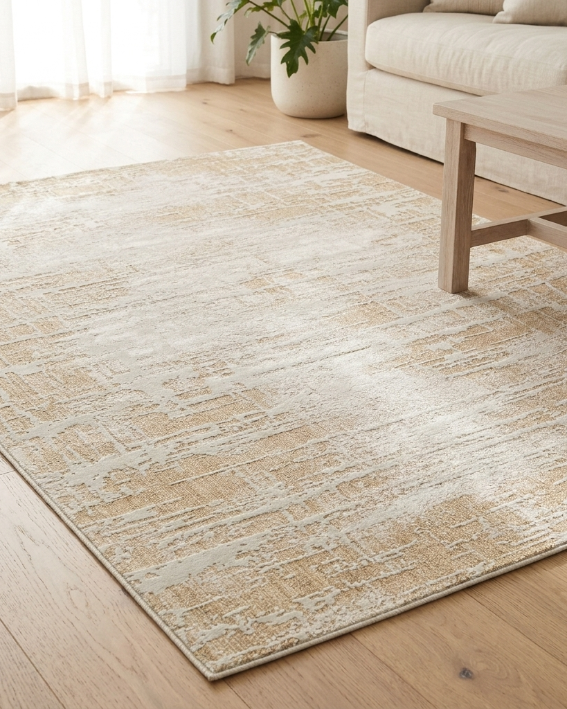 A rectangular area rug with a distressed abstract pattern in beige and cream tones, shown on a light wood floor in a bright living room setting.
