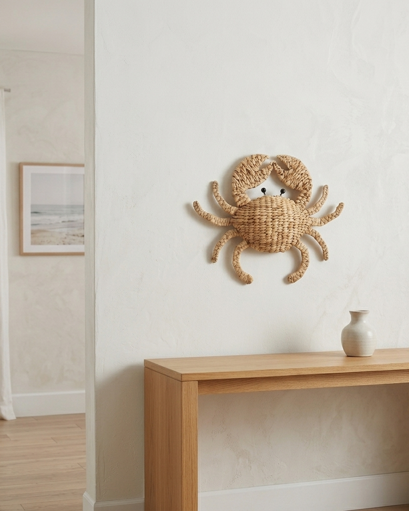A woven natural-fiber crab wall decor piece mounted on a textured off-white wall above a light wood console table with a small ceramic vase, in a bright interior room.
