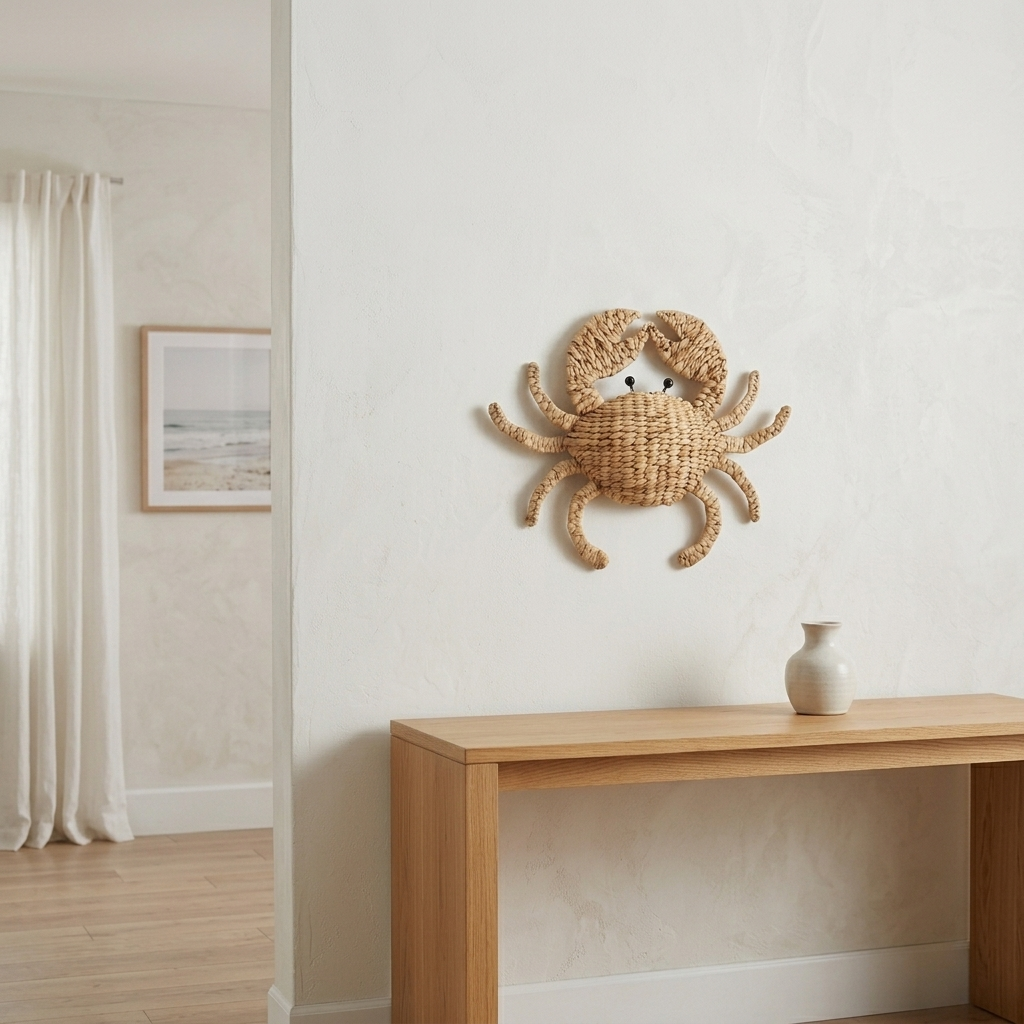 A woven natural-fiber crab wall decor piece mounted on a textured off-white wall above a light wood console table with a small ceramic vase, in a bright interior room.