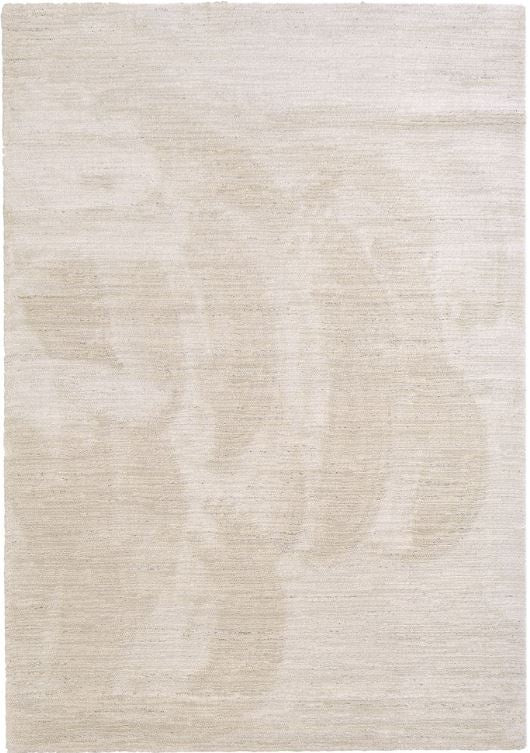 Beige area rug with a subtle pattern on a white background