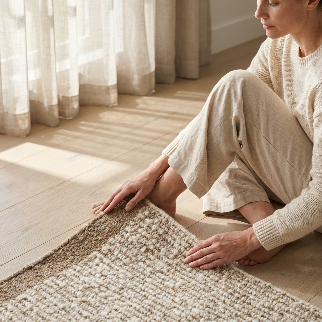 A woman in a cream knit sweater and matching pants sits on a light wood floor, touching a textured woven area rug in a bright room with sheer curtains.