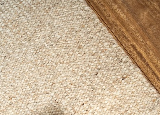Close-up of beige carpet texture with wooden floor border.
