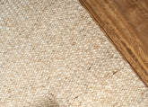 Close-up of beige carpet texture with wooden floor border.