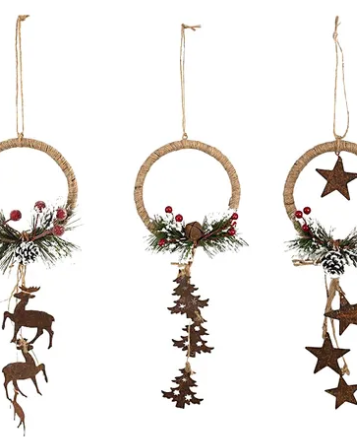 Three Christmas ornaments with wreath designs, stars, and deer on a white background.