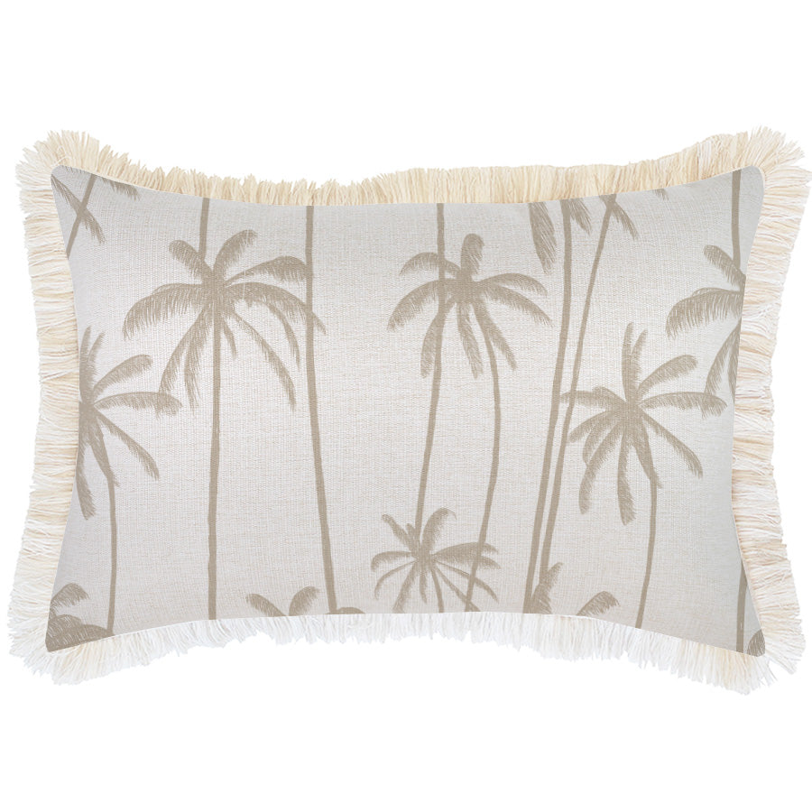 Decorative pillow with palm tree pattern and fringes on a light background