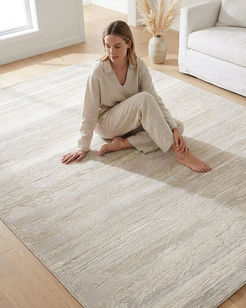 Woman sitting on a large, light-colored rug in a bright living room.