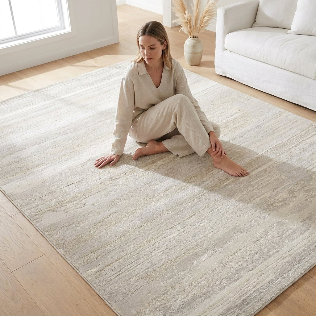 Woman sitting on a large, light-colored rug in a bright living room.